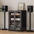 Meuble de rangement pour médias Bekrvio Metal, meuble stéréo à 4 niveaux avec portes en verre et étagères réglables, support audio AV avec gestion des câbles