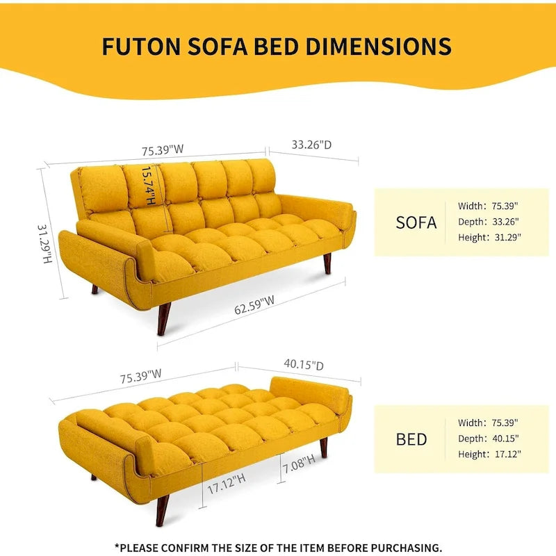Canapé-lit futon de 75,39 pouces, canapé-lit pliant convertible inclinable pour salon avec 2 oreillers/accoudoirs