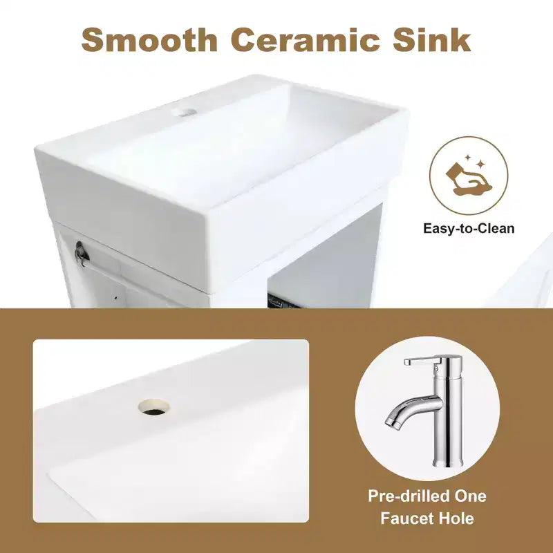 Meuble-lavabo avec évier en céramique, tiroir de rangement en MDF, étagère latérale et poignée dorée