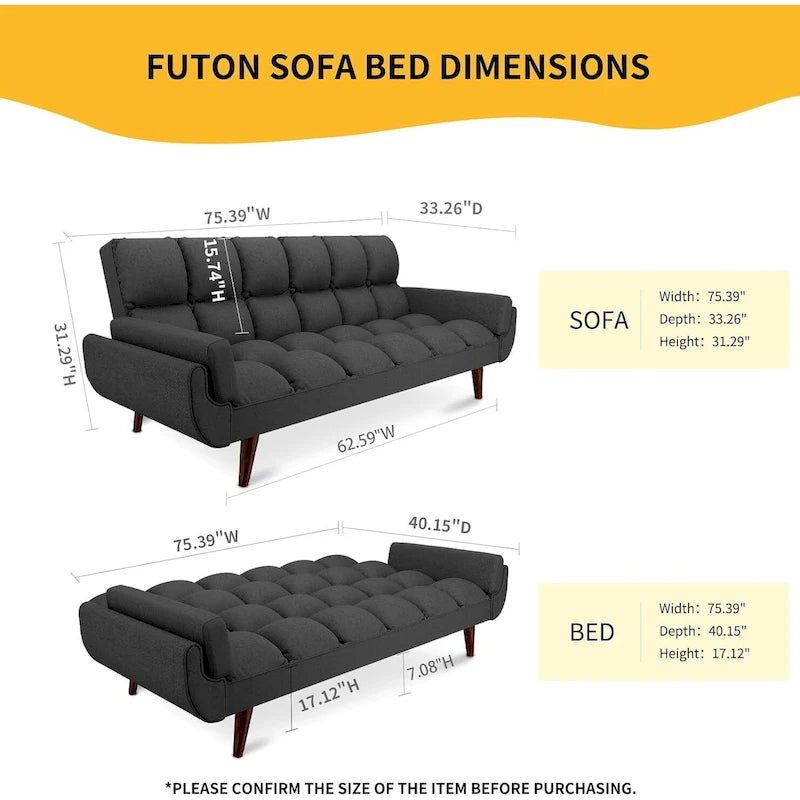 Canapé-lit futon de 75,39 pouces, canapé-lit pliant convertible inclinable pour salon avec 2 oreillers/accoudoirs