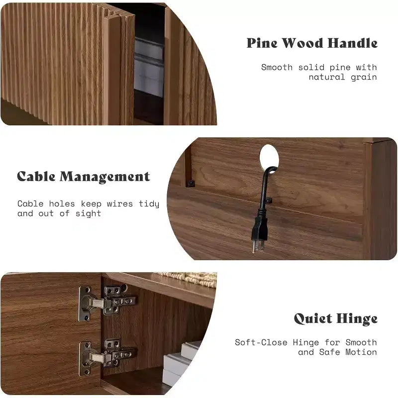 Meuble TV moderne AMERLIFE 70 avec design cannelé et armoires de rangement, pour téléviseurs jusqu'à 80 pouces, meuble TV en bois pour salon