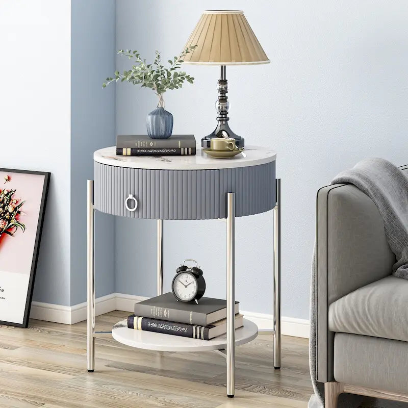 Myhozm Table d'appoint moderne avec tiroir de rangement, table de chevet ronde avec pieds en métal pour salon, chambre, bureau
