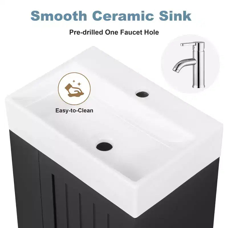 Meuble-lavabo avec évier en céramique, tiroir de rangement en MDF, étagère latérale et poignée dorée